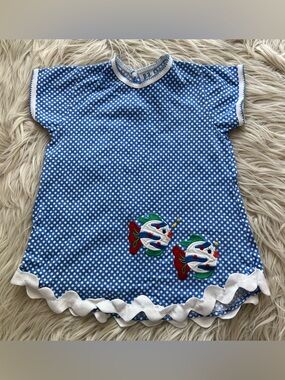 Vintage 90s PA Kids Blue Polka Dot T Shirt Dress Fish Embroidered Girls Size 3T